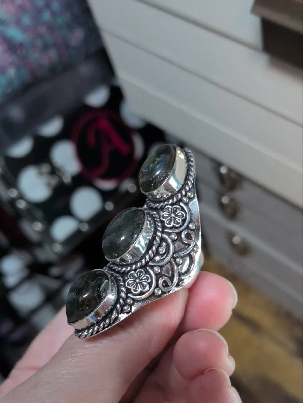 Sterling Silver Labradorite Triple Stone Statement Ring - Blue